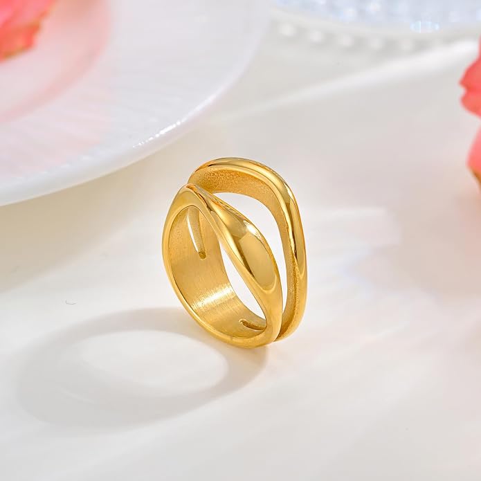MPRAINBOW Chunky Gold Rings for Women - 18K Gold Plated Ring,Non-Tarnish Stainless Steel Statement Band Trendy Jewelry Gift,Party Prom Christmas Valentines Day Birthday Gifts for Girlfriend Sister