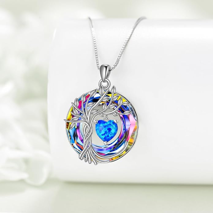 POPLYKE Mothers Day Gifts for Mom Her Wife Tree of Life Necklace 925 Sterling Silver Birthstone Pendant with Crystal Anniversary Birthday Wedding Jewelry for Women