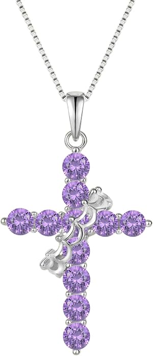 Rotated Crown Cross Necklaces for Women, 925 Sterling Silver Round Cut Zircon Neckalce Pendant With Ring Birthstones Jewelry for Her