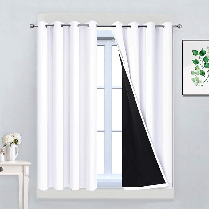 Yakamok Pure White 100% Blackout Curtains 45 Inches Long 52" Wide 2 Panel | Blackout Curtain Panels for Bedroom, 2 Thick Layers Grommet Top Thermal Insulated Drapes with Black Liner for Living Room