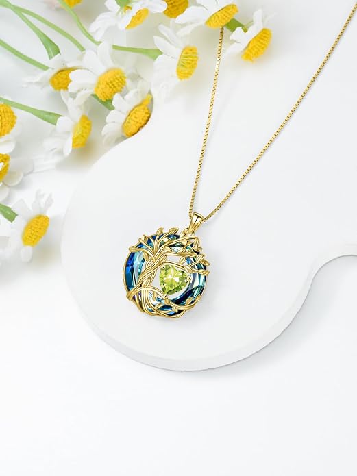 TOUPOP Tree of Life Birthstone Necklace Sterling Silver Pendant Birthstone Necklaces with Blue Crystal Anniversary Birthday Jewelry for Women Mom Wife Her