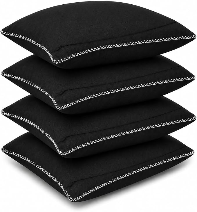 LFH Home Black Cotton Rich Throw Pillow Covers 18x18 Set of 4, Decorative Cushion Covers with Blanket Stitch Edge, Farmhouse Accent Pillow Cases for Sofa Couch Bed Living Room, 18 x 18 Inch
