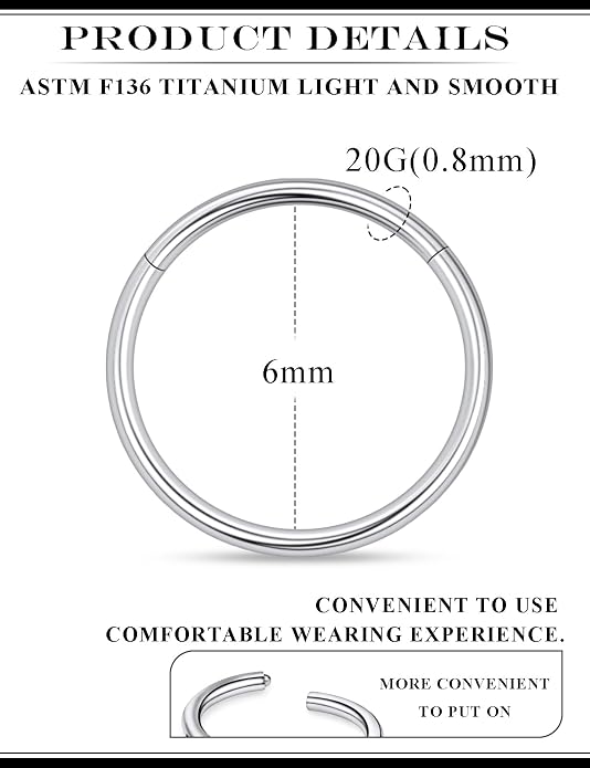 20G 18G 16G 14G 12G 10G 8G 6G 4G 2G Nose Rings Hoops Astm F136 Titanium Clicker Septum Lip Ring Tragus Helix Daith Rook Conch Snug Cartilage Lobe Earrings Hoop Piercing Jewelry For Women Men