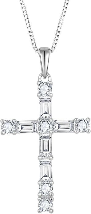 Birthstone Cross Necklace for Women 925 Sterling Silver Christian Religious Crucifix Pendant Rectangular Cut Birthstone Jewelry Gifts for Her
