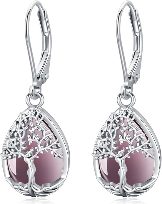 Odinstone 925 Sterling Silver Earrings Tree of Life Teardrop Moonstone Dangle Drop Leverback Earrings for Women