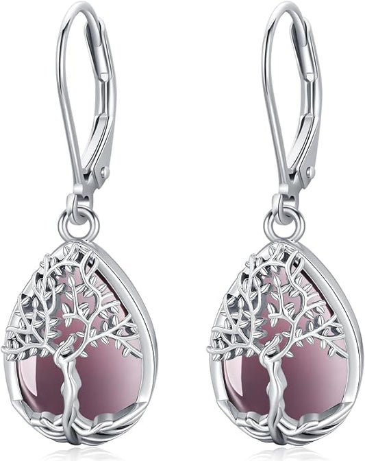 Odinstone 925 Sterling Silver Earrings Tree of Life Teardrop Moonstone Dangle Drop Leverback Earrings for Women