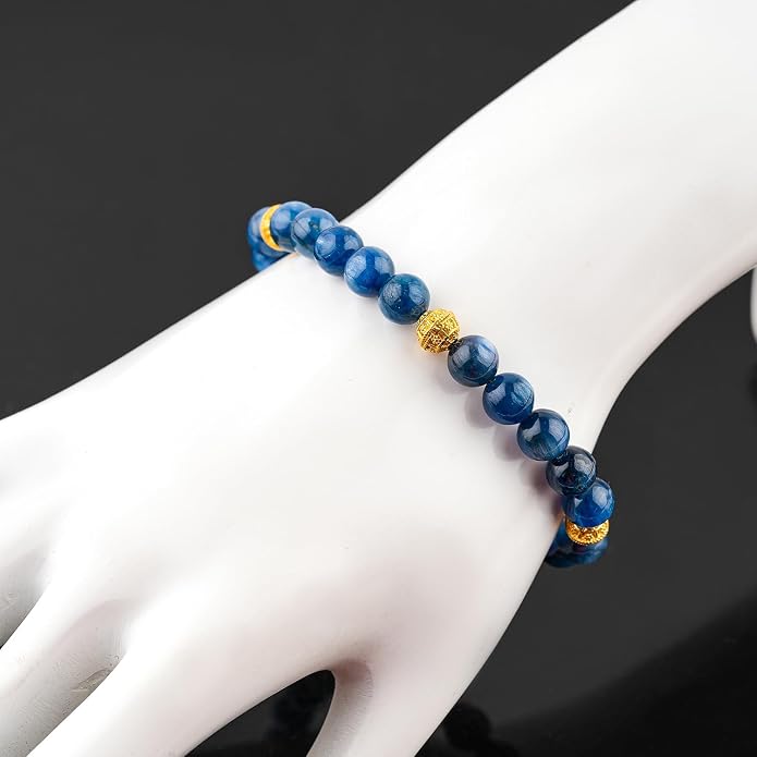 AAA Grade Natural Gemstone Beaded Bracelet, 14K Gold Plated with Evil Charm, Wicca & Reiki Healing Crystals, Handmade Bohemian Jewelry, Christmas Gift for Women (7+1inch)