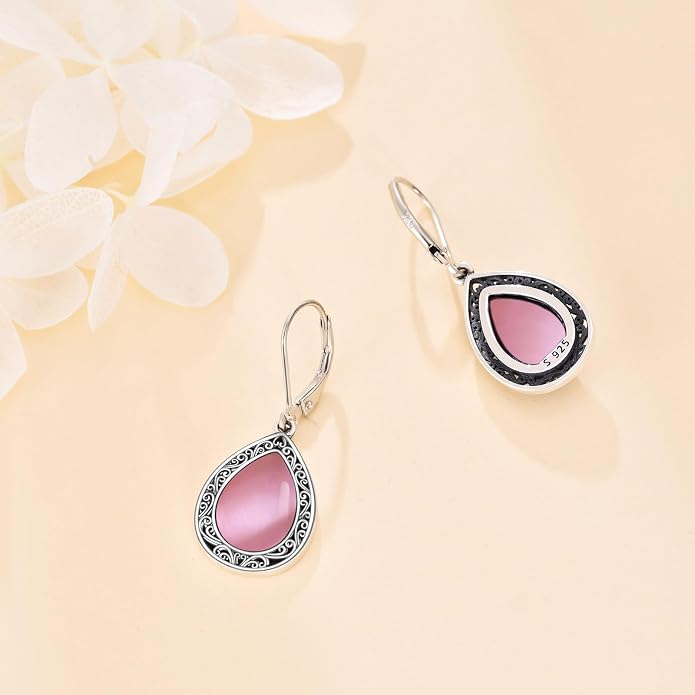 Moonstone/Lapis Lazuli/Peridot/Amethyst/Pink Teardrop Earrings for Women Sterling Silver Filigree Dangle Earrings Leverback Earrings Jewelry Gifts for Women