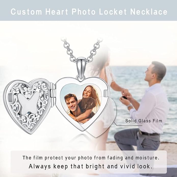 Dorunmo Personalized Locket Necklace 925 Sterling Silver that Holds Pictures Butterfly Birthstone Photo Heart Locket Custom Jewelry Congratulations New Beginnings New Job Gifts for Women