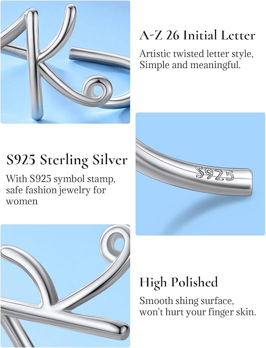 SILVERCUTE S925 Initial Rings, Adjustable Size 6-12 Statement Alphabet Letter A-Z Jewelry Personalized Twisted Initials Rings Sterling Silver Stacking Ring for Women