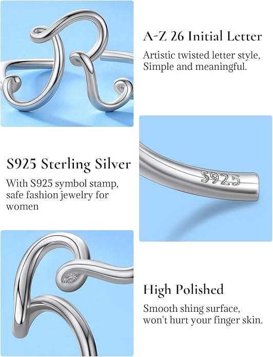 SILVERCUTE S925 Initial Rings, Adjustable Size 6-12 Statement Alphabet Letter A-Z Jewelry Personalized Twisted Initials Rings Sterling Silver Stacking Ring for Women