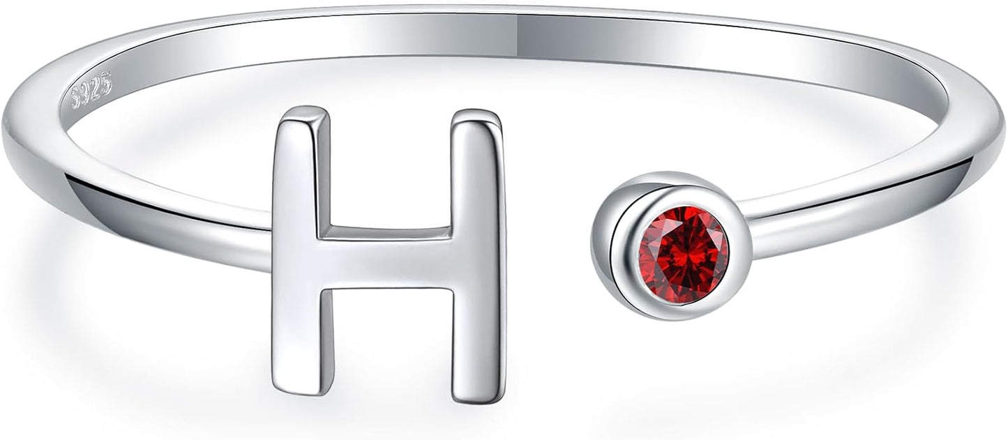 925 Sterling Silver Initial Letter Birthstone Rings for Women Adjustable 1-12 Month Birthstone Alphabet Stacking Ring for Teens Girls Stackable Birthstone Rings Birthday Jewelry Gift for Daughter Mom