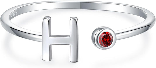 925 Sterling Silver Initial Letter Birthstone Rings for Women Adjustable 1-12 Month Birthstone Alphabet Stacking Ring for Teens Girls Stackable Birthstone Rings Birthday Jewelry Gift for Daughter Mom
