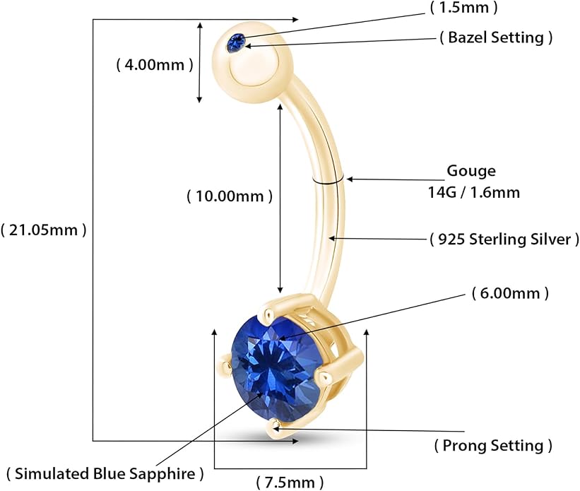 AFFY Round Shape Body Piercing Curved Barbells, Floating Navel Belly Piercing Button Premium Surgical Steel Ring in 14K Gold Over Sterling Silver