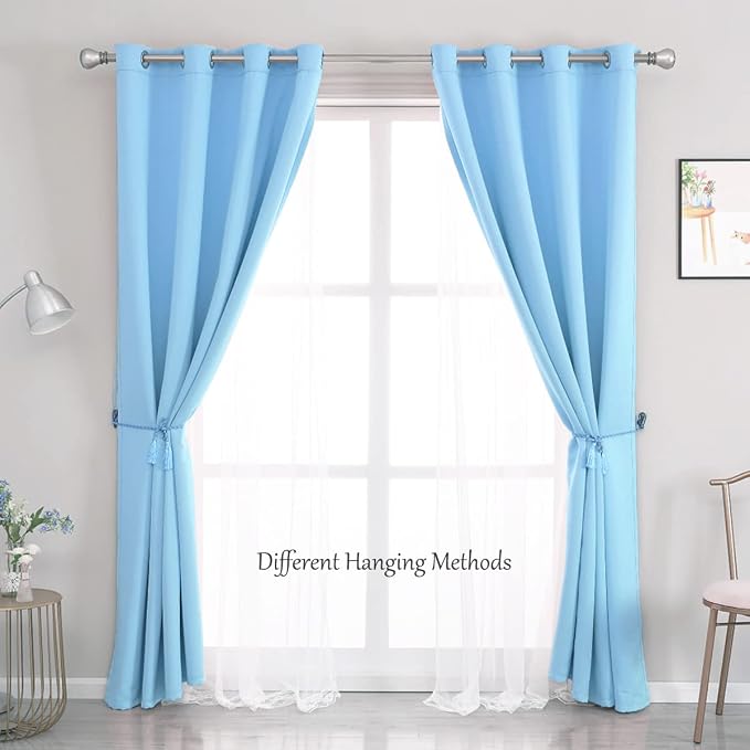 Short Blue Blackout Curtains 63 Inch Length with Sheer - Double Layered Light Blue Grommet Window Treatment for Kids/Children's Boys Bedroom Living Room Nursery, Baby Blue, 2 PCs