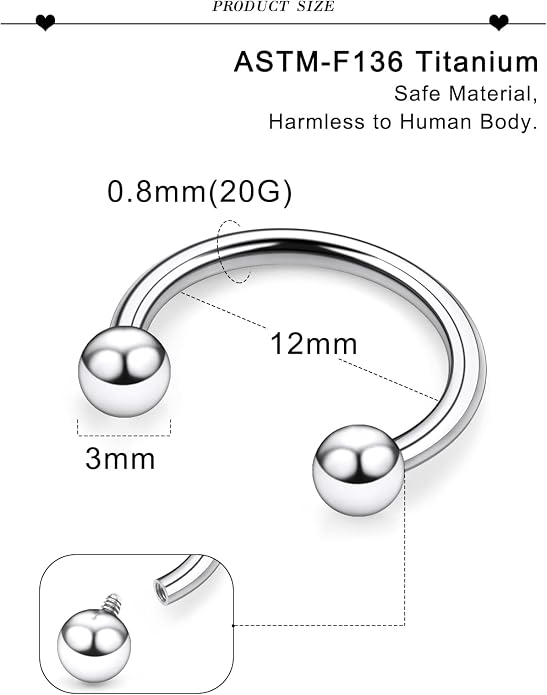 20G 18G 16G 14G 12G 8G 6G 4G 2G ASTM F136 Titanium Internal Thread Horseshoe Septum Ring Jewelry Circular Barbell Helix Snug Tragus Rook Daith Cartilage Earring Lip Ring Piercing Jewelry