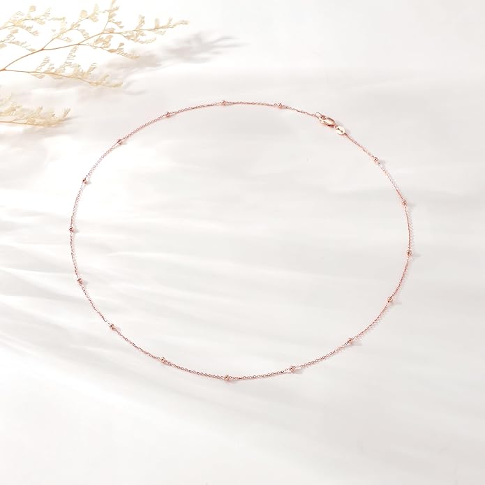 Carffordo 925 Sterling Silver Chain Necklace 16K Gold Plated Beaded Chain Necklace for Women Simple Dainty Choker Necklace Satellite Waterproof Link Necklace Trendy Jewelry Gifts