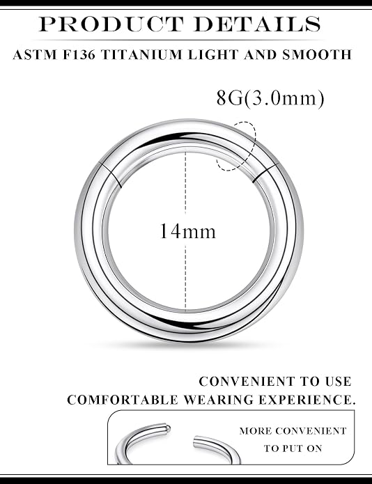 20G 18G 16G 14G 12G 10G 8G 6G 4G 2G Nose Rings Hoops Astm F136 Titanium Clicker Septum Lip Ring Tragus Helix Daith Rook Conch Snug Cartilage Lobe Earrings Hoop Piercing Jewelry For Women Men