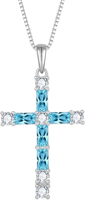 Birthstone Cross Necklace for Women 925 Sterling Silver Christian Religious Crucifix Pendant Rectangular Cut Birthstone Jewelry Gifts for Her