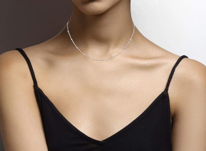 Miabella Italian 925 Sterling Singapore Bead Chain Station Necklace for Women, Made in Italy