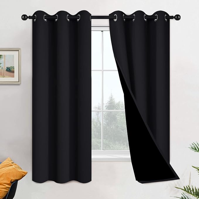Yakamok 100% Blackout Lined Pair Curtains for Bedroom, Window Treatment Thermal Insulated Noise Blocking Drapes for Living Room(42Wx63L,Black, 2 Panels) | Blackout Curtain Panels for Bedroom, 2 Thick Layers Grommet Top Thermal Insulated Drapes with Bla...