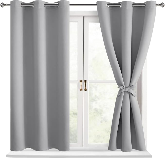 Hiasan Blackout Curtains for Bedroom - Thermal Insulated & Light Blocking Window Curtains for Living Room, 2 Drape Panels Sewn with Tiebacks, Silver Grey, 38 x 54 Inch