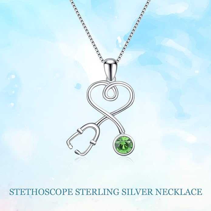 AOBOCO Stethoscope Necklace 925 Sterling Silver Embellished with 12 Months Birthstone Crystals from Austria, Graduation Gifts Medical Jewelry for Doctor Nurse Medical Student RN