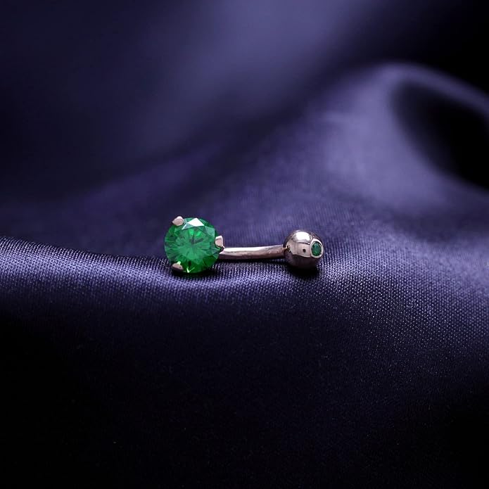 AFFY Internally Threaded Belly Button Navel Ring for Women, Three-Prong Round Simulated Birthstone in 14K Gold Over 925 Sterling Silver, Body Piercing Jewelry Gift