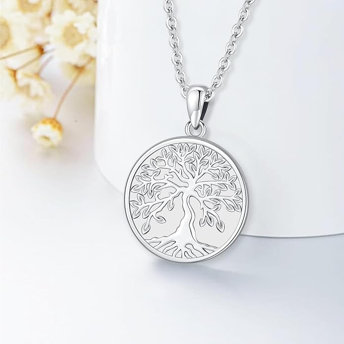 Aniu Tree of Life Necklace for Women, 925 Sterling Silver Mother of Pearl Family Palm Tree Charm Pendant Jewelry for Birthday Christmas Gift