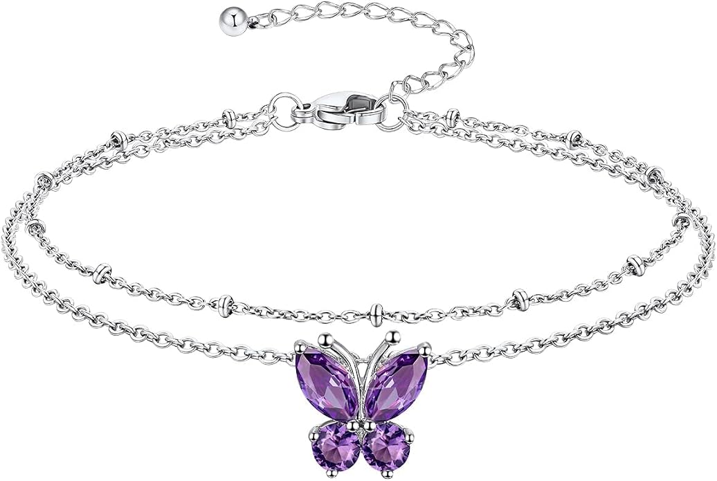 Richsteel Double Layer Heart/Butterfly Birthstone Anklet for Women Non Tarnish Waterproof, Silver/Gold/Black Stainless Steel 8.5-10.5 Inch Adjustable Chain Anklets Jewelry Gifts for Her