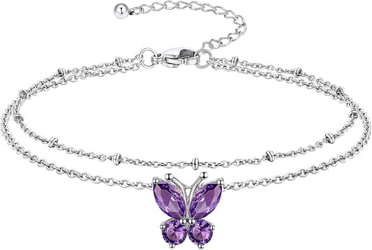 Richsteel Double Layer Heart/Butterfly Birthstone Anklet for Women Non Tarnish Waterproof, Silver/Gold/Black Stainless Steel 8.5-10.5 Inch Adjustable Chain Anklets Jewelry Gifts for Her