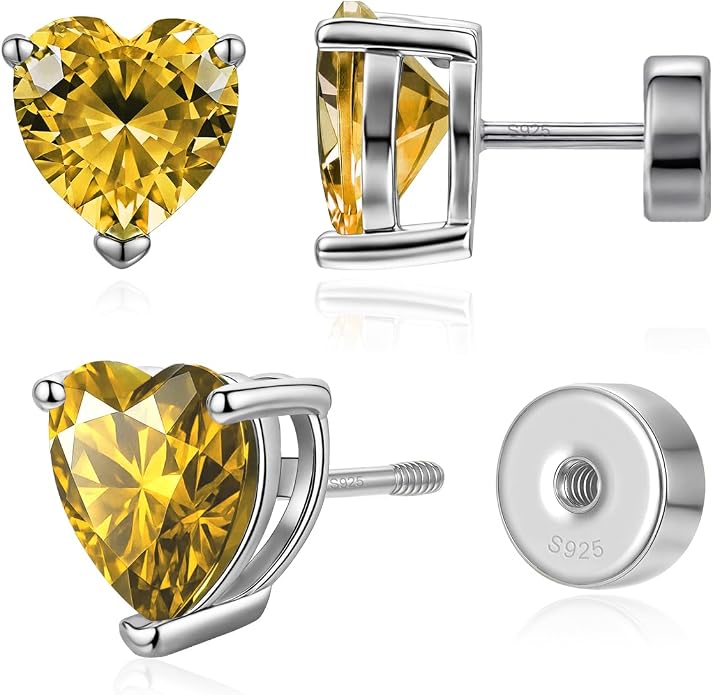 Heart Birthstone Flat Back Stud Earrings, 925 Sterling Silver 18K White Gold Plated, Poke-Free Comfortable Sleep Hypoallergenic Personalized Ear Piercing Jewelry, Mother's Day Birthday Gifts for Women