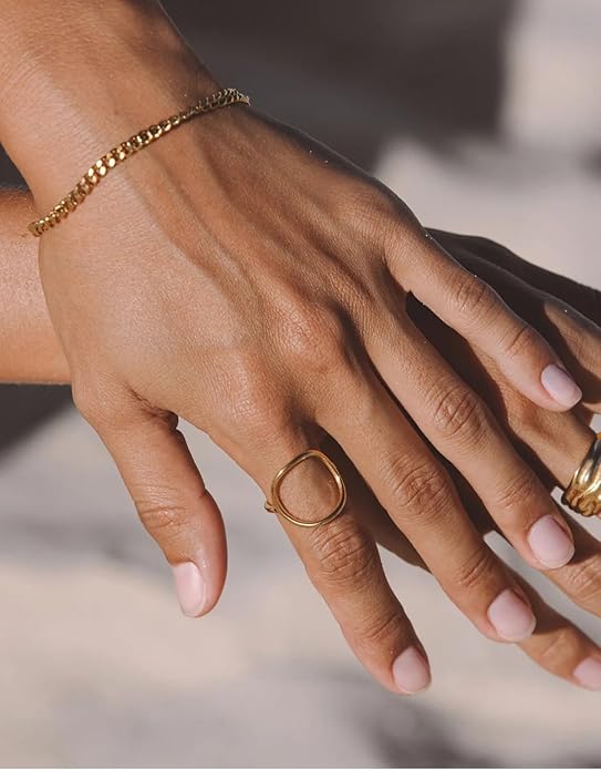 ADAJURI Minimalist Sculptural Hollow Circle Rings For Women | 18K Gold Plated Stainless Steel Water-Resistant Promise Oval Rings | Dainty Jewelry Gifts Perfect For Daily Anillos