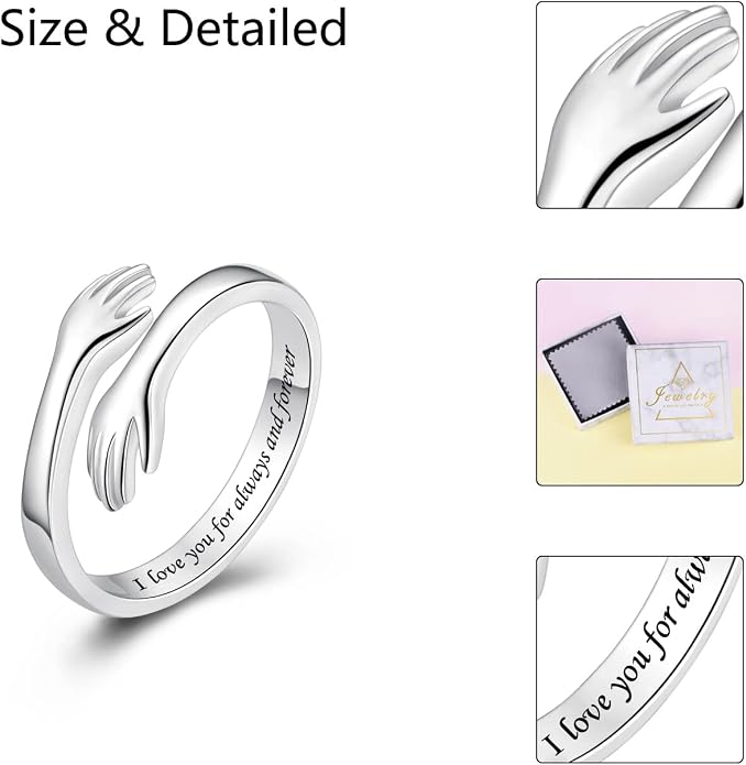 S925 Sterling Silver Hug Rings for Women Teen Girls Adjustable Ring for Granddaughter Daughter Hope Promise Friendship Hand Ring Jewelry for Birthday Graduation Christmas Mothers Day Valentines Gifts