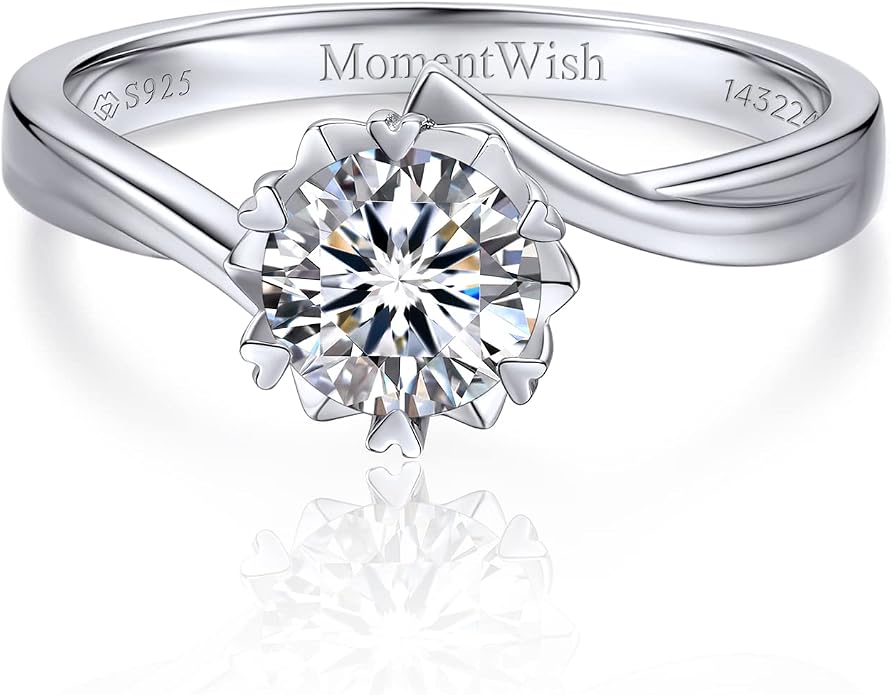 MomentWish Engagement Ring for Women, 1-2 Carats Moissanite Rromise Ring, D Color VVS1 Moissanite Wedding Ring 925 Sterling Silver Solitaire Rings