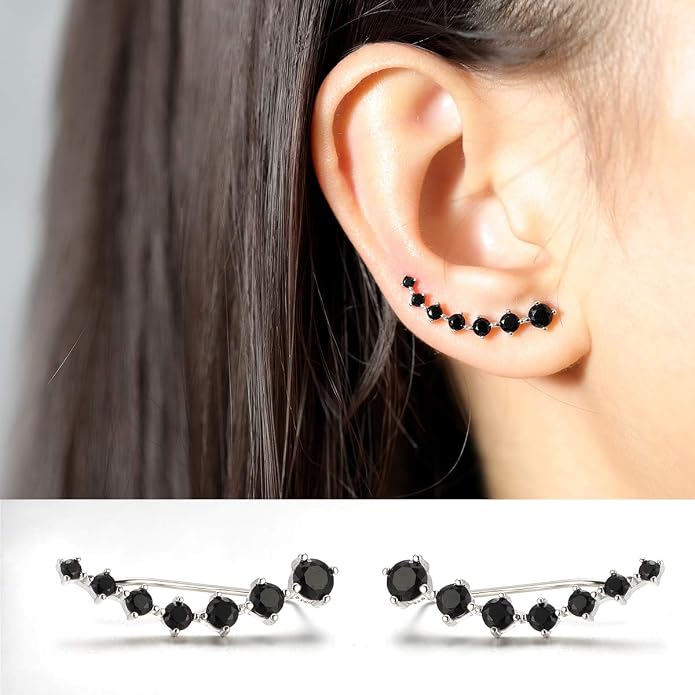 Reffeer Solid 925 Sterling Silver 7 Crystals Cuff Earrings Climber for Women Crawler Earrings Wraps