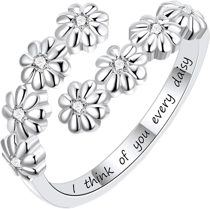 Dainty Daisy Ring for Women, S925 Sterling Silver Cubic Zirconia Sunflower Flower Ring For Daughter, I Think Of You Every Daisy Ring, Birthstone Flower Ring