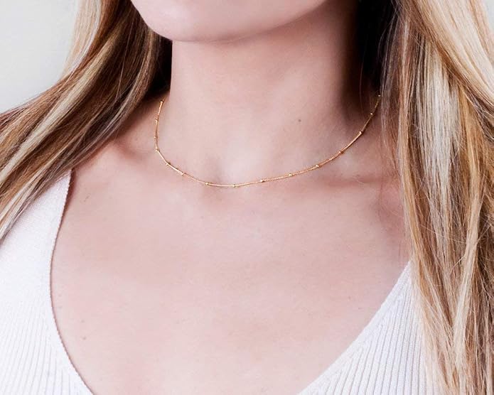 Satellite Bead Necklace - Gold Filled or Sterling Silver, Dainty Adjustable Choker Chain 15" - 17", Minimalist Everyday Stacking Jewelry