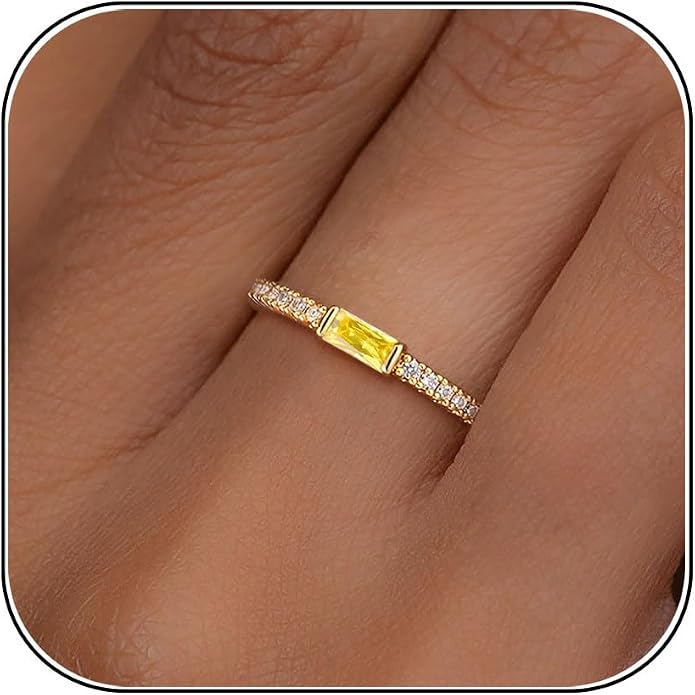 RLMOON Birthstone Gold Rings for Women Non Tarnish 14K Gold Plated Eternity Stackable Rings Dainty CZ Gemstone Engagement Rings Wedding Band Jewelry Gifts Size 4-10