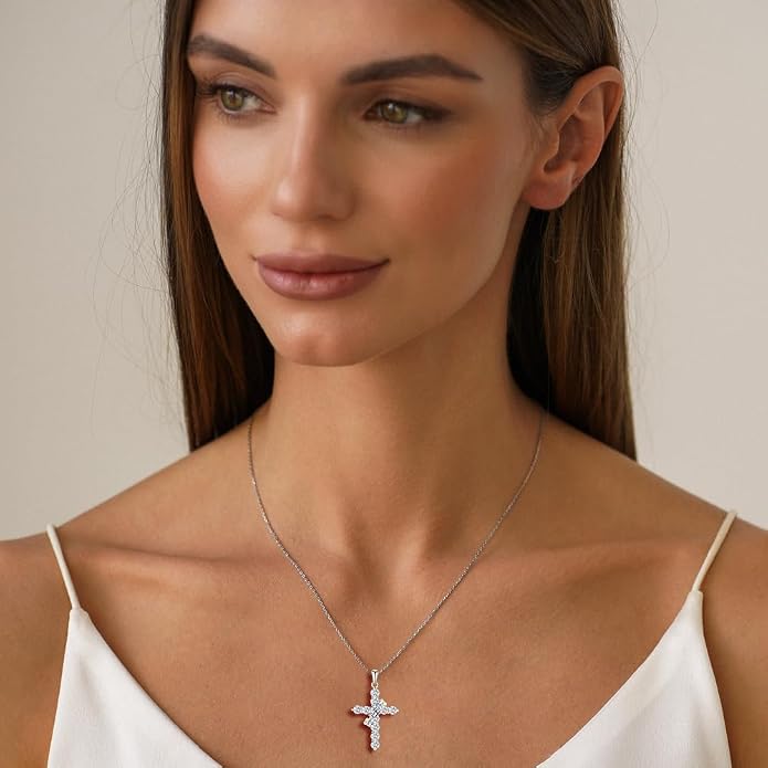 Rotated Crown Cross Necklaces for Women, 925 Sterling Silver Round Cut Zircon Neckalce Pendant With Ring Birthstones Jewelry for Her