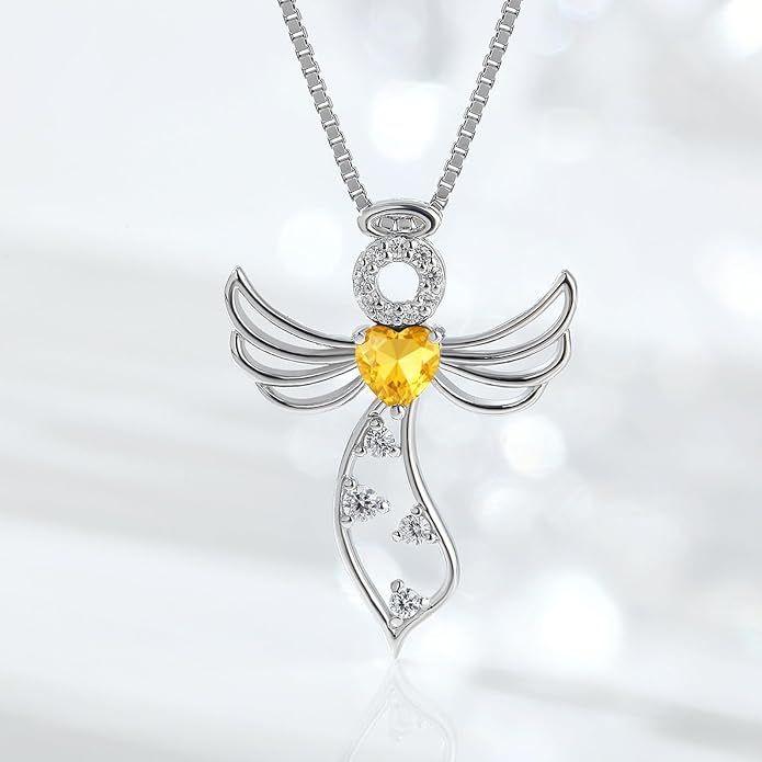 925 Sterling Silver Guardian Angel Pendant Necklace for Women - Birthstone Cubic Zirconia, 18" Chain, Gift for Her