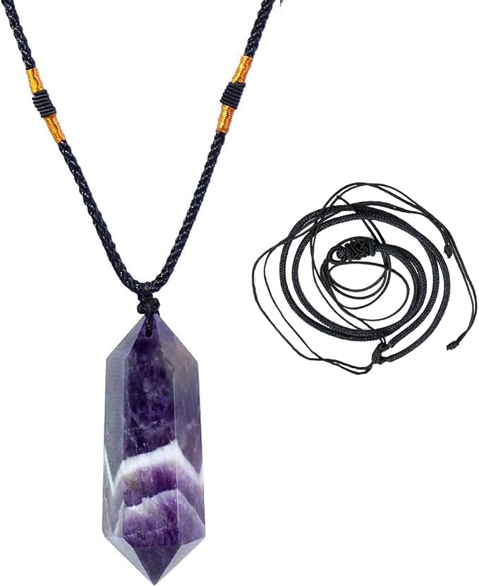 Runyangshi Dream Amethyst Healing Crystal Pendants, Double Pointed Natural Crystal Quartz Necklace 6 Faceted Chakra Crystal Wand Stone