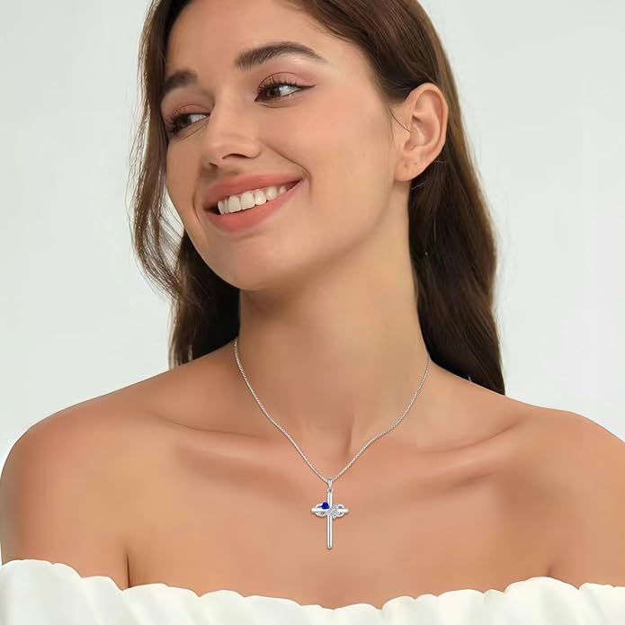 Infinity Butterfly Cross Necklace for Women 925 Sterling Silver Christian Religious Crucifix Pendant Birthstone Jewelry Gifts for Her