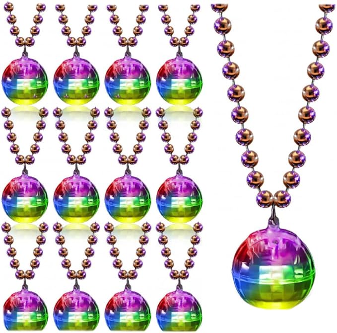 Sasylvia 12 Pcs LED Disco Ball Necklaces Light up Bead Necklaces 70s Disco Party Favors Glow in The Dark Bead Jewelry Costume Accessories for New Year Party Dance Supplies(Silver, Colorful)