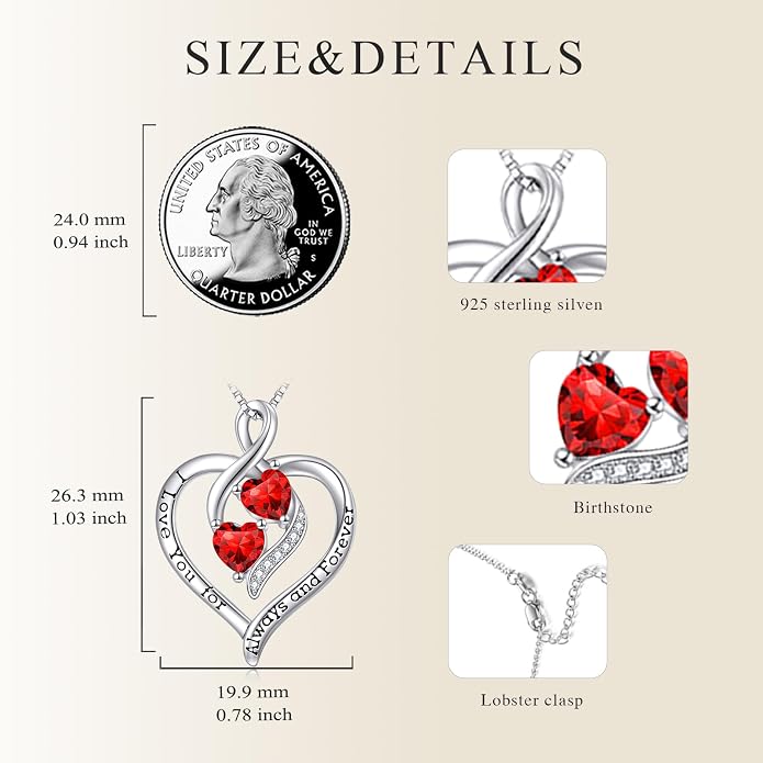 Hancock Forever Love Heart Birthstone Necklaces for Women 925 Sterling Silver Women Pendant Necklace, Mother’s Day Birthday Anniversary Jewelry Gift for Woman Mother Mom Wife Her