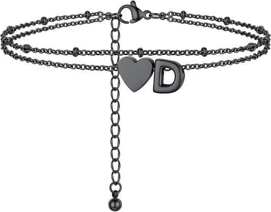 Initial Ankle Bracelets for Women, Dainty Stainless Steel Letter A-Z Layered Anklets, Heart Ankle Bracelet 8.5"-10.5" Adjustable, Summer Beach Jewelry, Come with Box