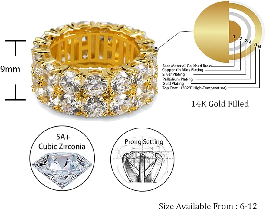 TOPGRILLZ 2-Row Cubic Zirconia Band Ring for Men & Women, 14K Gold Plated Brass, 9 mm Wide Iced-Out Eternity, Sizes 6-12, Golden or Silvery