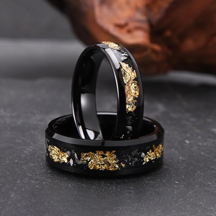 Black Tungsten Carbide Rings for Men Women 8mm/6mm Men's Wedding bands Inlaid with Gold Foil Meteorite Fragments, High Polishing and Comfortable fit