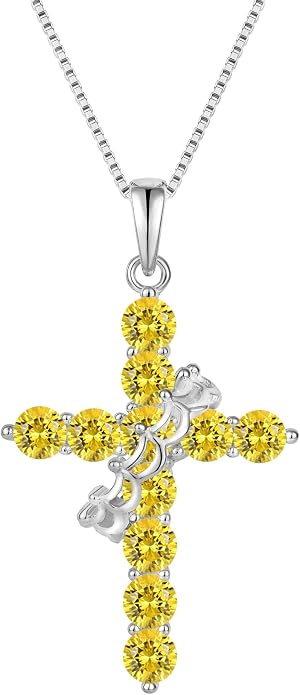 Rotated Crown Cross Necklaces for Women, 925 Sterling Silver Round Cut Zircon Neckalce Pendant With Ring Birthstones Jewelry for Her