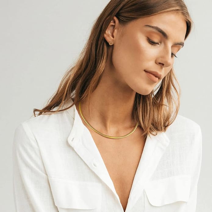 FindChic Black/14K Gold Plated Herringbone Choker Chain Necklace for Women | Waterproof Stainless Steel, Dainty Layering, Flat Snake Chain, Non-Tarnish, Hypoallergenic, Adjustable Extender, Gift Box